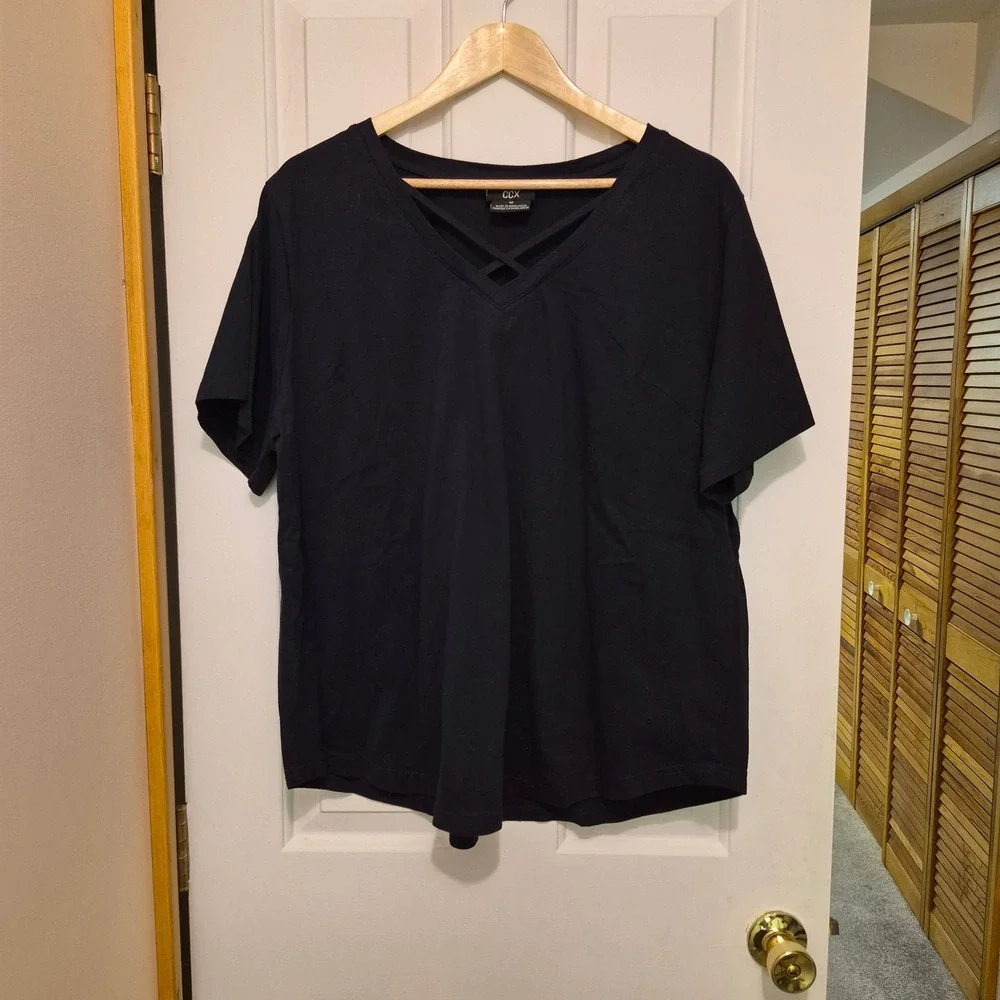 CCX Black Criss Cross V-Neck Short Sleeve T-Shirt Plus Size Relaxed Fit Tee